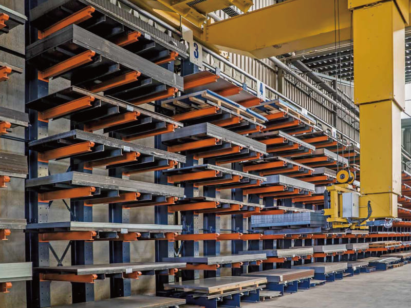 An image showing a heavy duty single sided cantilever storage racking system for steel bar storage